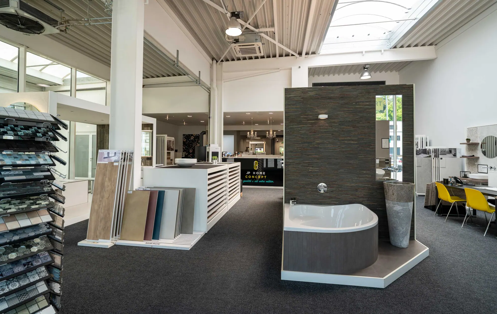 Tile sample displays in the JP Home Concept showroom in Ingeldorf